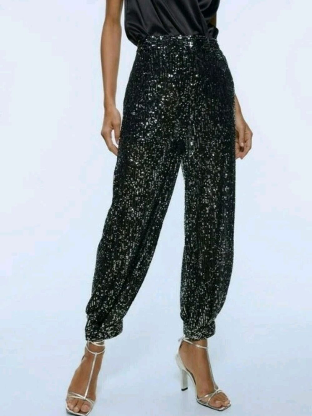 Zara Womens Black Sequin Mid Waist Tapered Trousers Pants Size Small